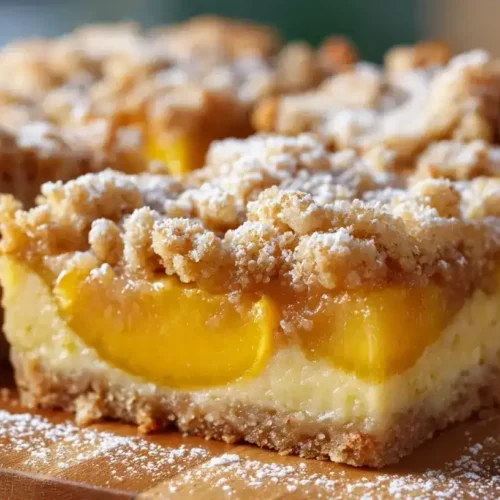 Pfirsich-Quark-Kuchen vom Blech mit goldbraunen Streuseln und saftigen Pfirsichen