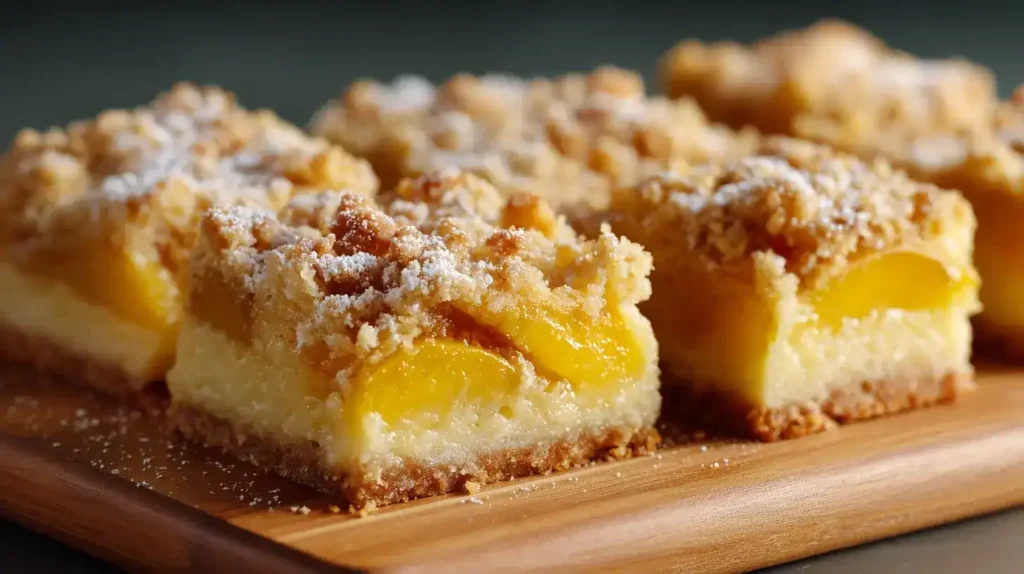 Saftiges Stück Pfirsich-Quark-Kuchen vom Blech auf Teller serviert, cremige Quarkschicht sichtbar