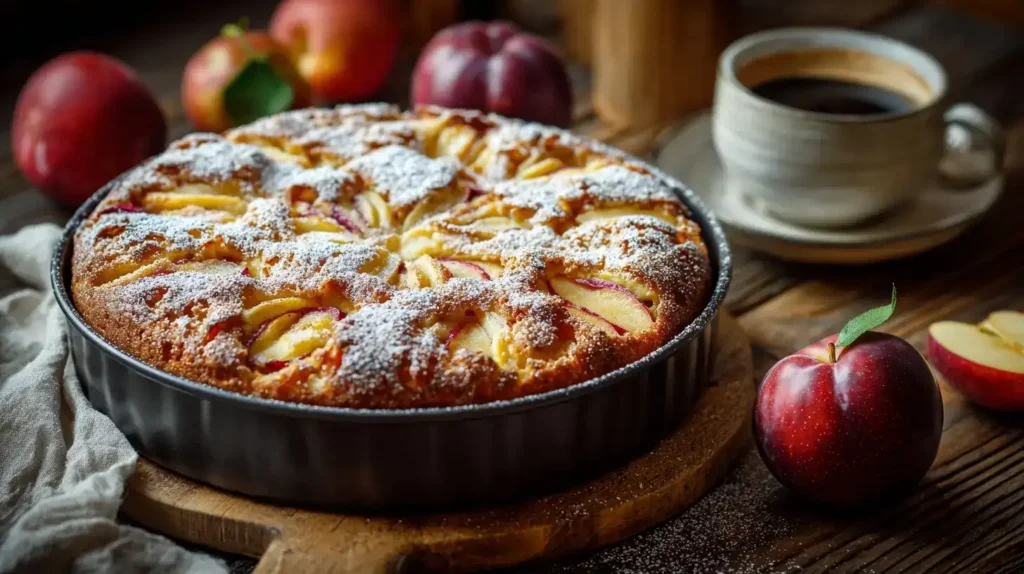 Ganzer frisch gebackener Pflaumen-Apfel-Kuchen mit Äpfeln und Pflaumen