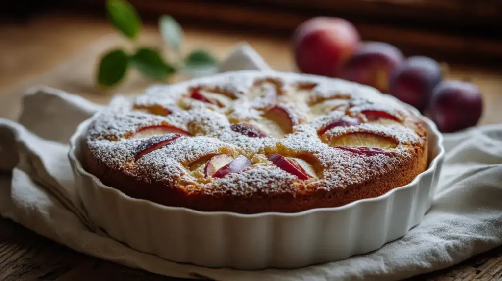 Anschnitt vom saftigen Pflaumen-Apfel-Kuchen mit Puderzucker