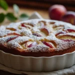 Anschnitt vom saftigen Pflaumen-Apfel-Kuchen mit Puderzucker