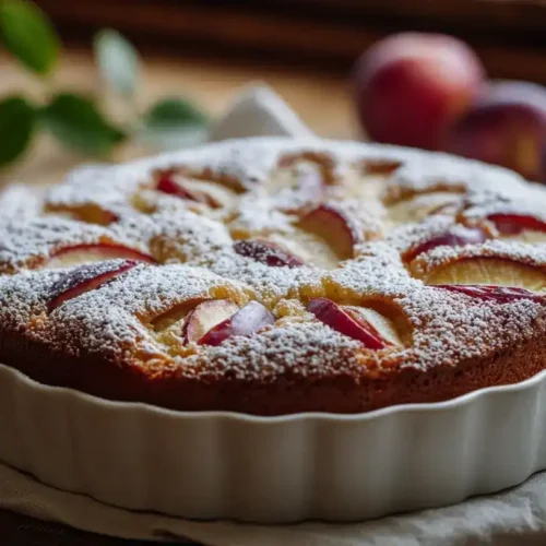Anschnitt vom saftigen Pflaumen-Apfel-Kuchen mit Puderzucker