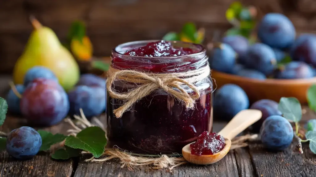 Glas mit hausgemachter Pflaumen-Birnen-Marmelade auf rustikalem Holztisch