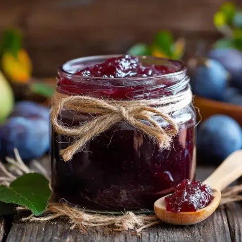 Glas mit hausgemachter Pflaumen-Birnen-Marmelade auf rustikalem Holztisch