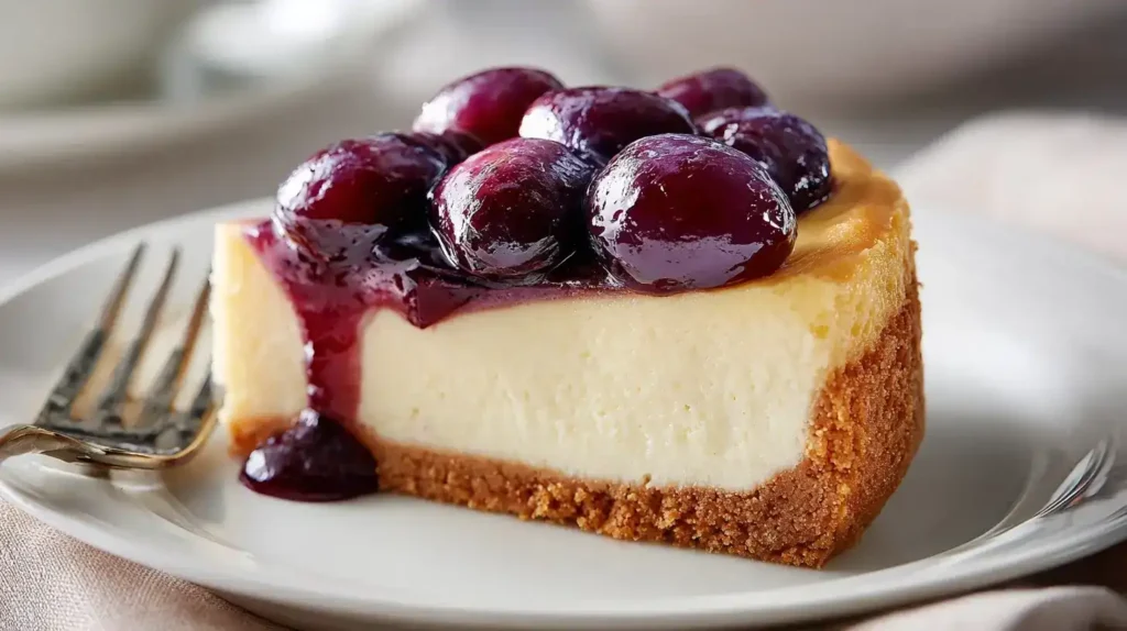 Pflaumen-Cheesecake mit cremiger Käsefüllung und fruchtigem Topping auf knusprigem Boden