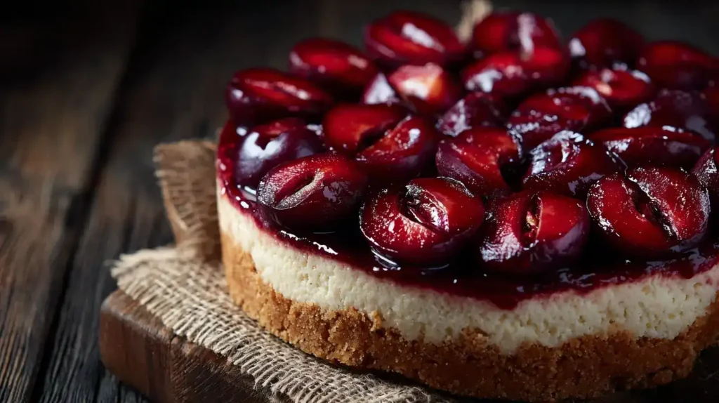 Ein Stück Pflaumen-Cheesecake mit saftigen Pflaumen und cremiger Füllung auf einem Teller