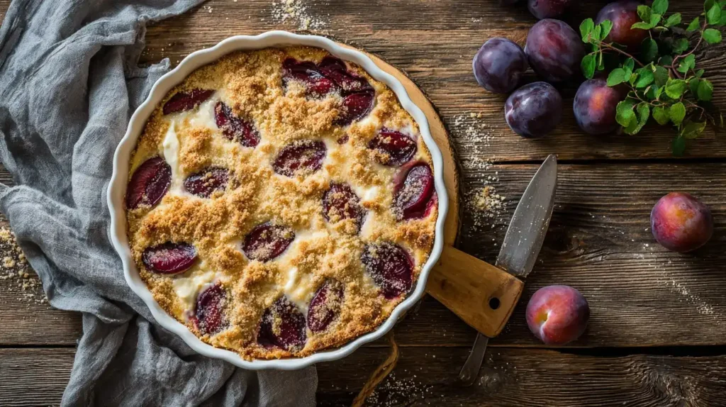 Pflaumen-Puddingkuchen mit Streuseln von oben fotografiert