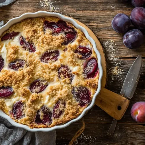 Pflaumen-Puddingkuchen mit Streuseln von oben fotografiert