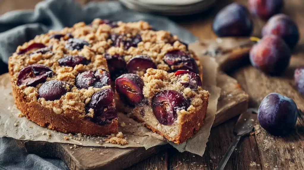 Pflaumenkuchen mit Rum mit saftigen Pflaumen und goldbraunen Streuseln, frisch aufgeschnitten