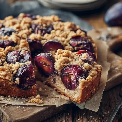 Pflaumenkuchen mit Rum mit saftigen Pflaumen und goldbraunen Streuseln, frisch aufgeschnitten