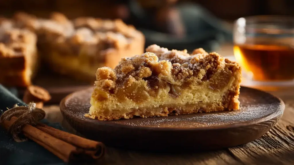 Frisch gebackener Pflaumenkuchen mit Zimtstreuseln auf einem Teller serviert