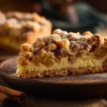 Frisch gebackener Pflaumenkuchen mit Zimtstreuseln auf einem Teller serviert