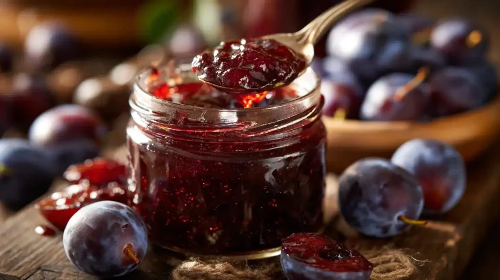 Pflaumenmarmelade im Glas mit frischen Pflaumen