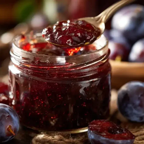 Pflaumenmarmelade im Glas mit frischen Pflaumen