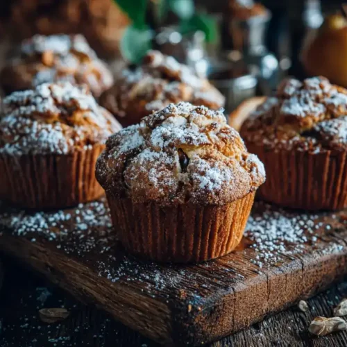 Saftige Pflaumenmuffins mit Quark-Öl-Teig, mit Puderzucker bestäubt, auf rustikalem Holztisch
