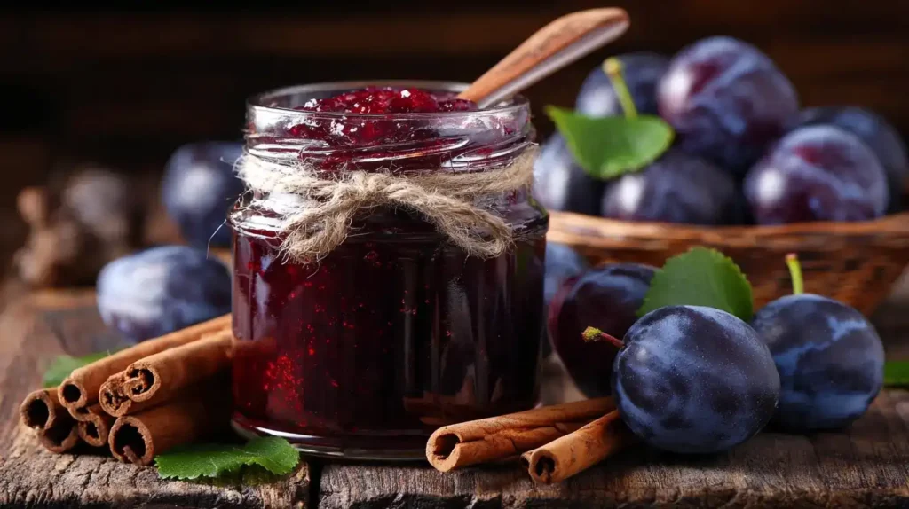 Glas hausgemachtes Pflaumenmus mit frischen Zwetschgen und Gewürzen