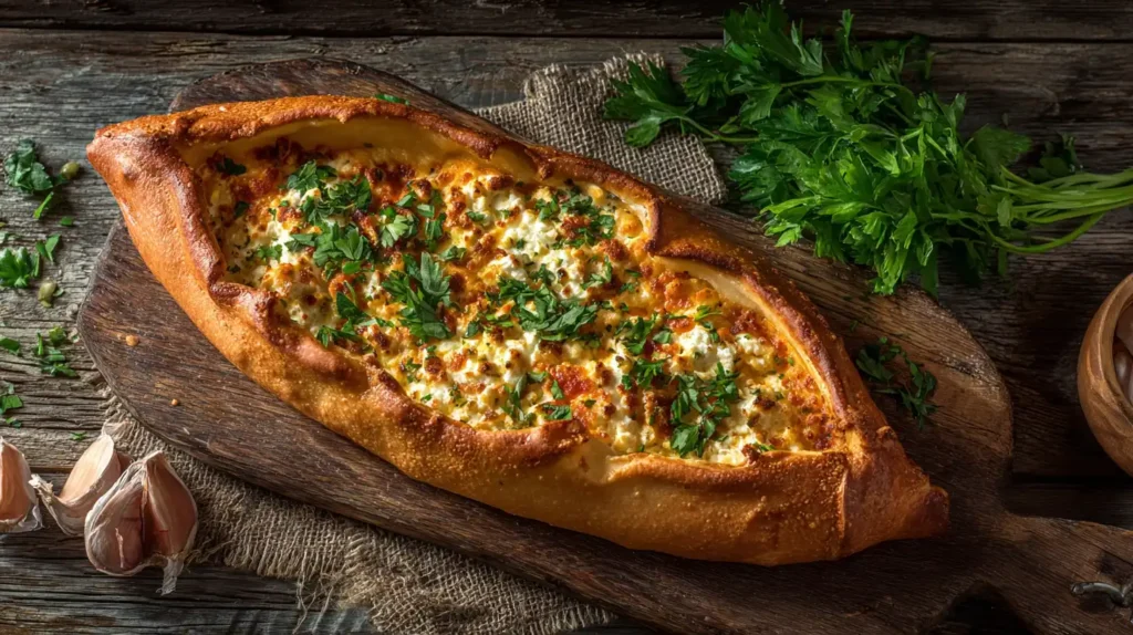 Nahaufnahme eines Pide mit Feta, goldene Kruste, geschmolzener Käsefüllung