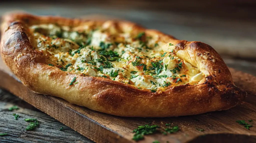 Frisch gebackenes Pide mit Feta und Kräutern auf einem rustikalen Holztisch