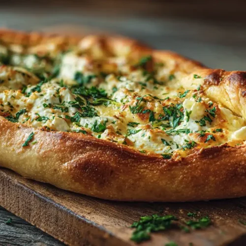 Frisch gebackenes Pide mit Feta und Kräutern auf einem rustikalen Holztisch