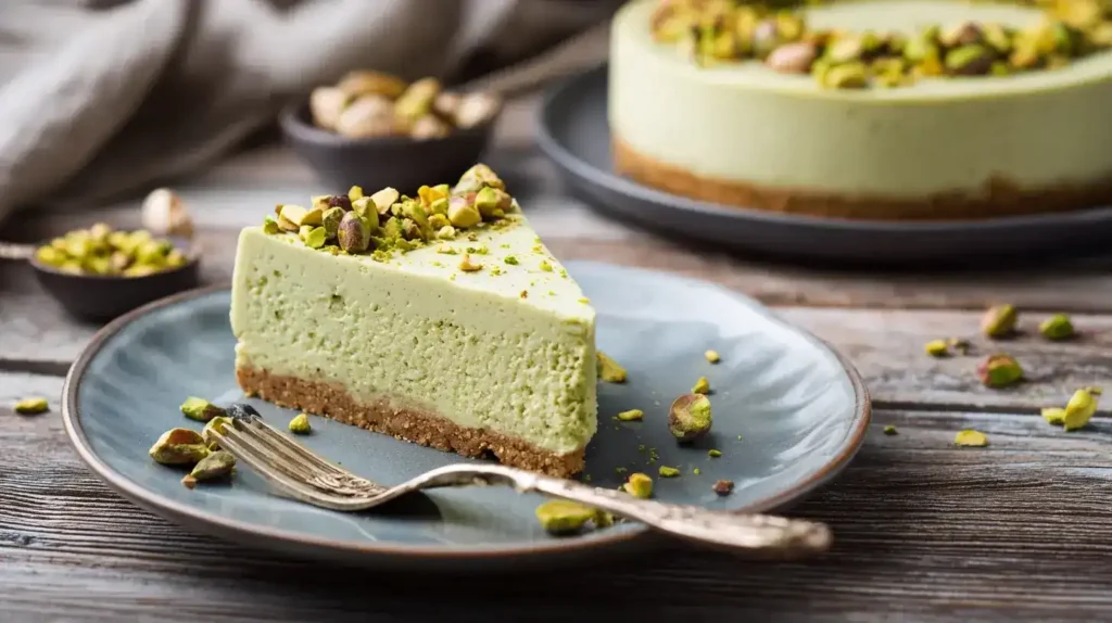 Anschnitt vom Pistazien-Cheesecake zeigt cremige Textur und nussigen Belag