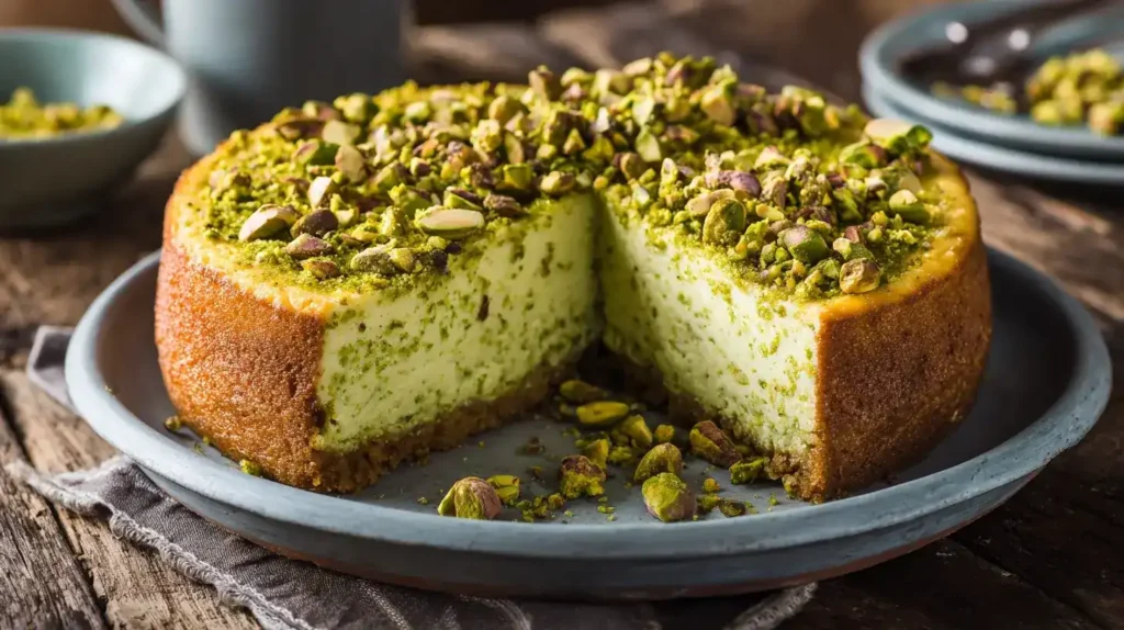 Cremiger Pistazien-Cheesecake mit gehackten Pistazien auf Dessertteller