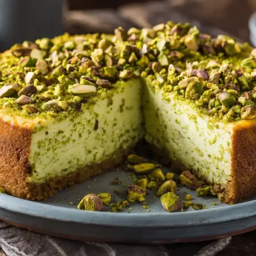 Cremiger Pistazien-Cheesecake mit gehackten Pistazien auf Dessertteller