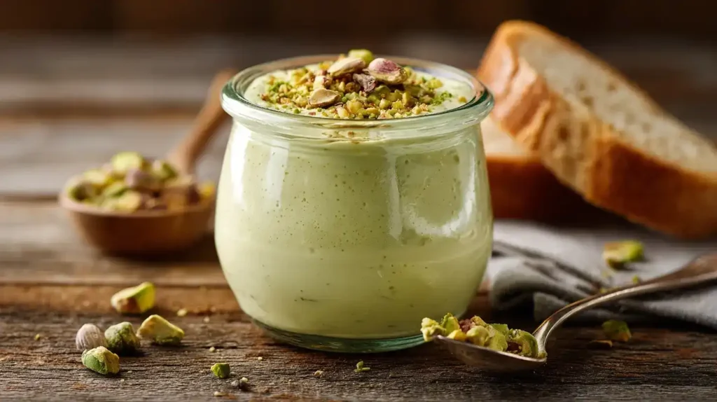 Pistaziencreme als Aufstrich auf frischem Brot serviert