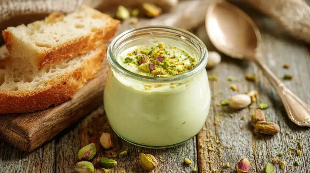 Cremige Pistaziencreme im Glas mit Pistazien als Dessert