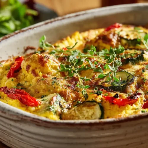 Polenta-Gratin Auflauf mit Gemüse und Käse goldbraun überbacken