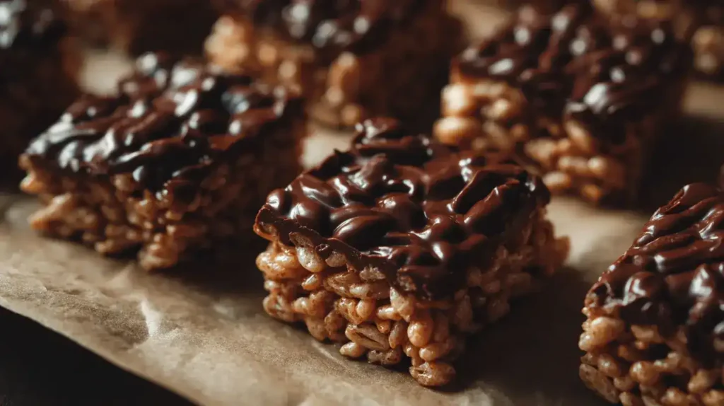 Geschnittene Puffreis-Schnitten als Schoko-Snack, serviert auf einem Teller