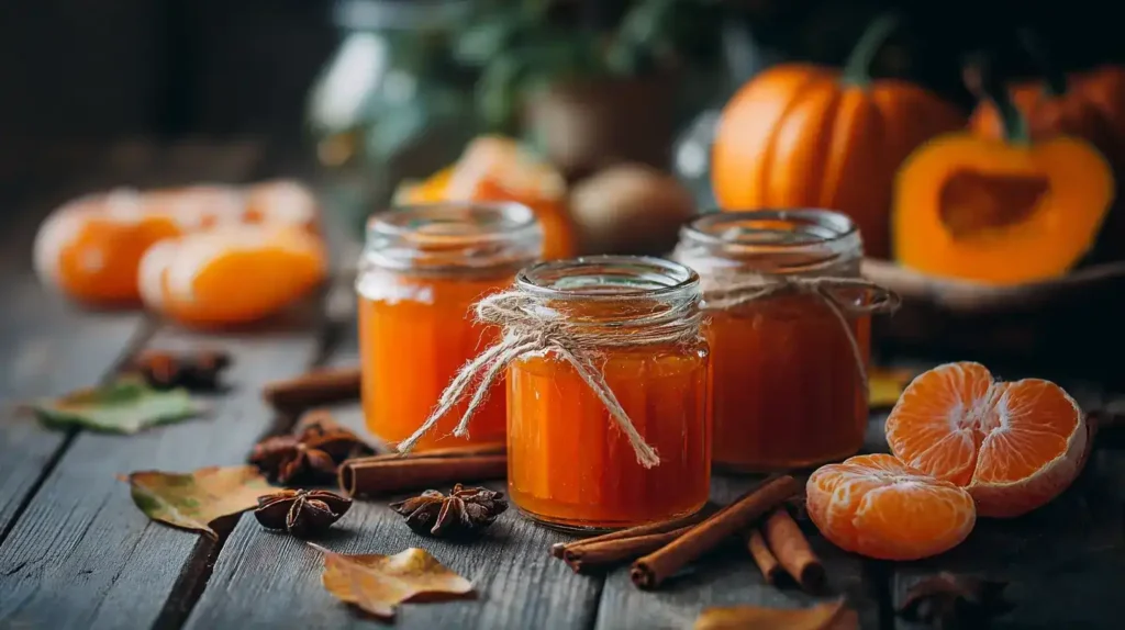 Glas mit selbstgemachter Pumpkin Spice Marmelade auf Holztisch
