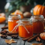 Glas mit selbstgemachter Pumpkin Spice Marmelade auf Holztisch