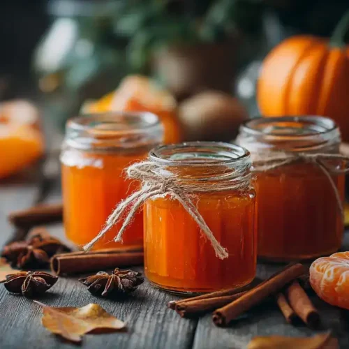 Glas mit selbstgemachter Pumpkin Spice Marmelade auf Holztisch