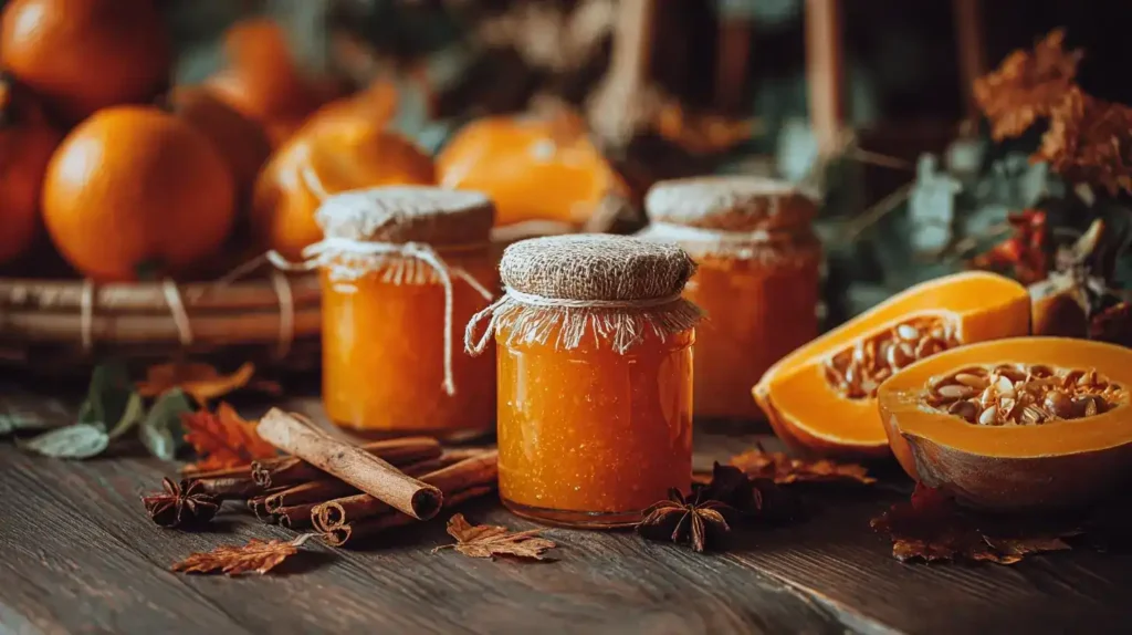 Pumpkin Spice Marmelade mit Kürbis, Orange und Gewürzen dekoriert