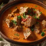 Rahmgulasch mit zartem Rindfleisch, Paprika und cremiger Soße
