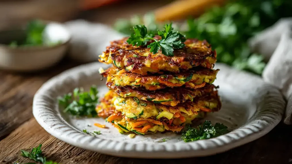 Knusprige Gemüse-Rösti aus Süßkartoffeln, Zucchini und Möhren auf Teller serviert