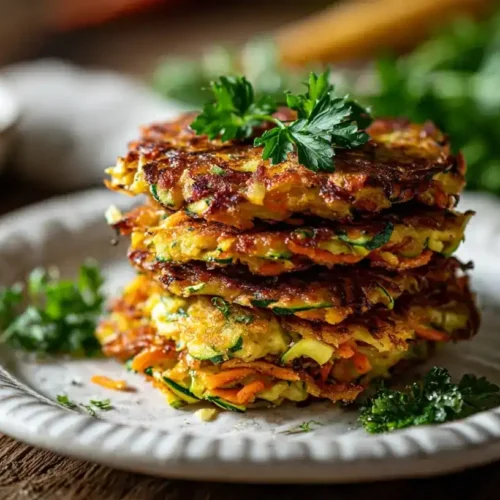 Knusprige Gemüse-Rösti aus Süßkartoffeln, Zucchini und Möhren auf Teller serviert
