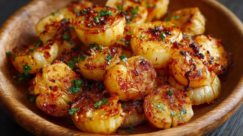 Knusprige Röstzwiebeln aus dem Airfryer auf rustikalem Teller