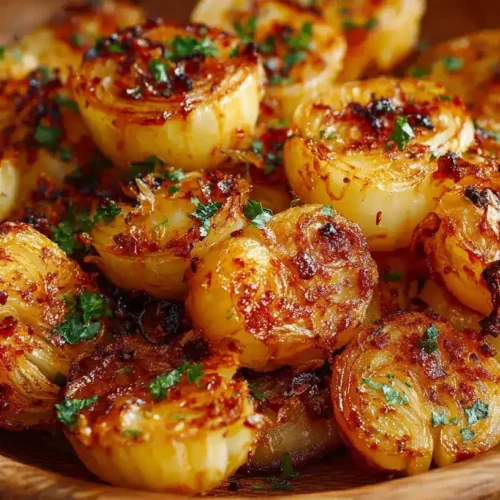 Knusprige Röstzwiebeln aus dem Airfryer auf rustikalem Teller