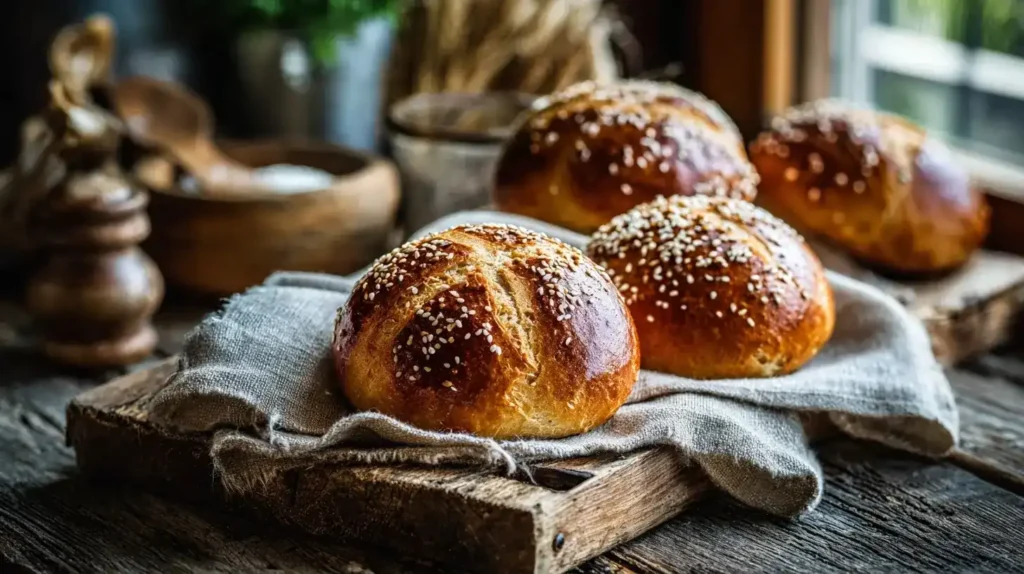 Aromatische Roggenbrötchen mit Sesam zum Frühstück serviert