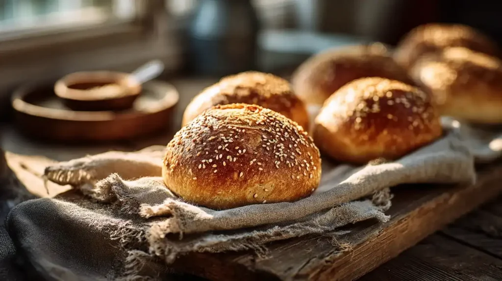Knusprige Roggenbrötchen frisch gebacken auf Holzbrett