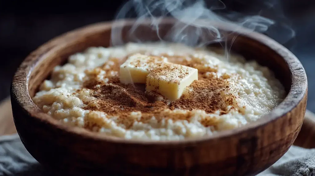 Cremiger Rømmegrøt in einer Schale, mit Butter und Zimt bestreut