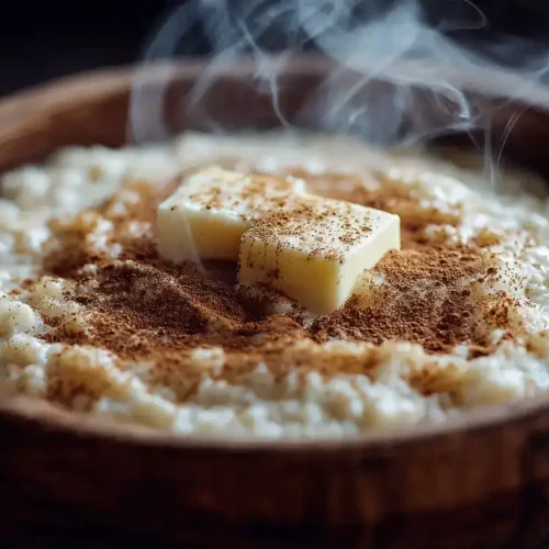 Cremiger Rømmegrøt in einer Schale, mit Butter und Zimt bestreut