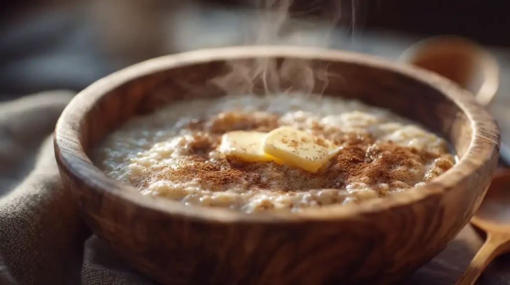 Servierter Rømmegrøt, warme norwegische Sauerrahm-Mahlzeit mit Butter und Zimt