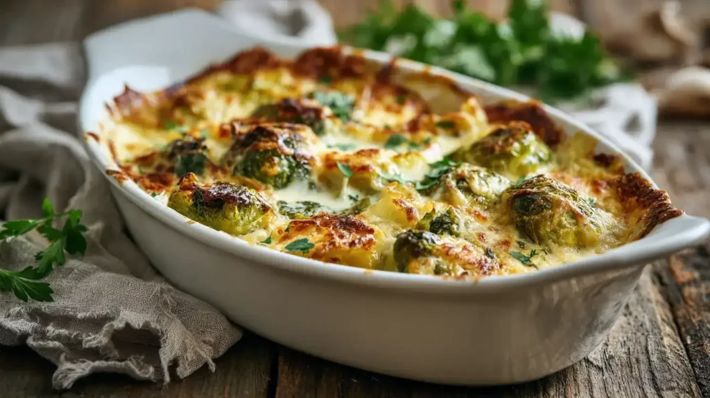 Rosenkohl-Kartoffelauflauf frisch gebacken in Auflaufform mit goldbrauner Käsekruste