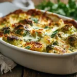 Rosenkohl-Kartoffelauflauf frisch gebacken in Auflaufform mit goldbrauner Käsekruste