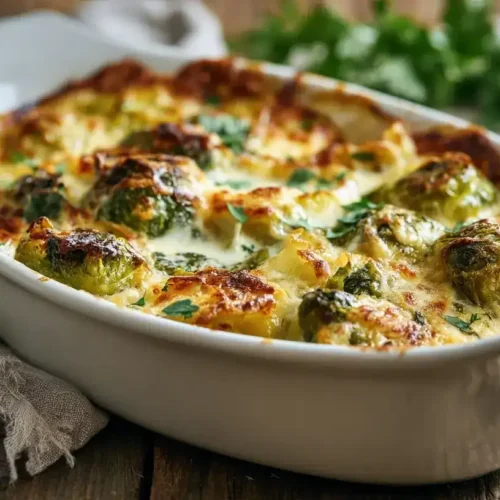 Rosenkohl-Kartoffelauflauf frisch gebacken in Auflaufform mit goldbrauner Käsekruste