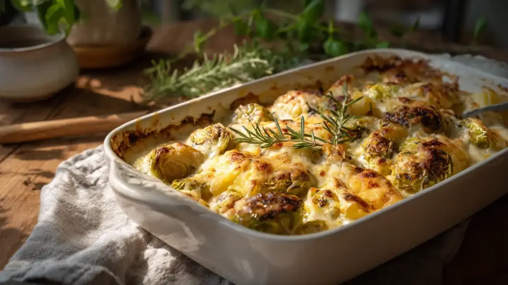 Portion Rosenkohl-Kartoffelauflauf auf Teller mit cremiger Soße und Käse