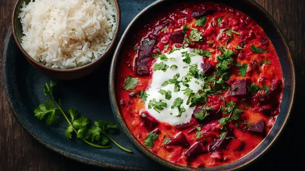 Nahaufnahme cremiges Rote-Bete-Linsen-Curry in einer Schüssel, kräftige Farben und appetitliche Textur