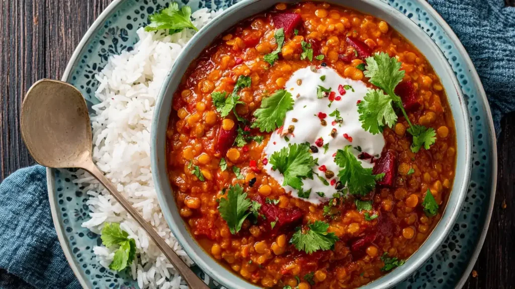 Leuchtendes Rote-Bete-Curry mit roten Linsen, garniert mit frischem Koriander und Joghurt, serviert mit Basmatireis